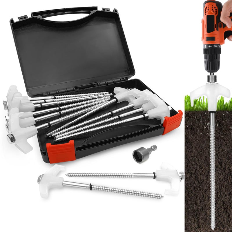 KriToy 12 Pack Tent Stakes Heavy Duty - 8"" Ground Anchors Screw in - Camping Stakes with Grow in The Dark Heads - Metal Threaded Tent Spikes with Hex Head Driver and Storage Box - Image 1